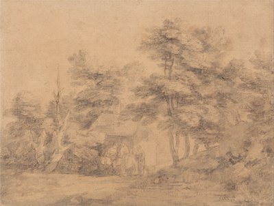 Boslandschap met figuren, ezels en huisje door Thomas Gainsborough